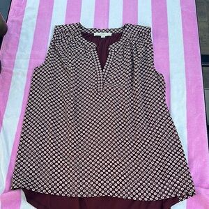 LOFT Sleeveless Blouse Burgandy and Cream Mandarin Collar